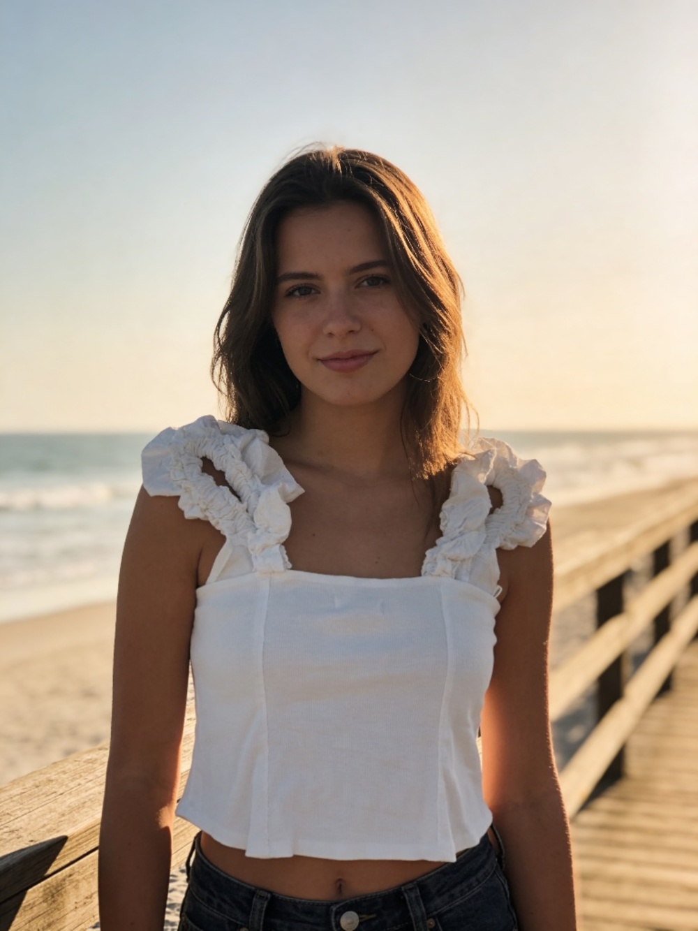 Anthropologie White Ribbed Tank Top with Ruffle Straps XL